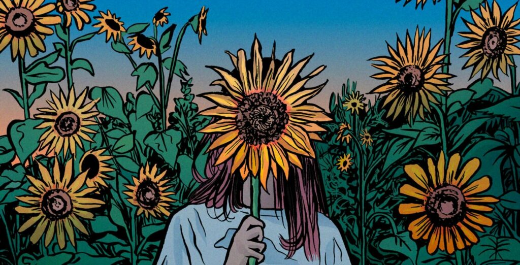 illustration de Matthias Bourdelier : une femme au milieu des tournesols, tient un tournesol devant son visage